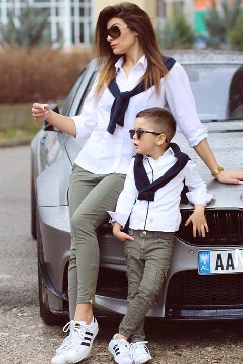 Mommy and me outfits - just try it once and you will not be able to stop, at least until your little copy grows old enough to make his or her own decisions. Mother Son Matching Outfits, Mommy Son Outfits, Mom And Son Outfits, Mother Son Photos, Mom And Baby Outfits, Mom And Son, Mommy And Son, Matching Clothes