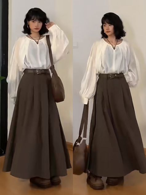 Brown Ootd Aesthetic, Gender Neutral Skirt Outfits, Leg Warmers Outfit Long Skirt, Corian Dress, Modest Outfits Skirts And Dresses, Japanese Skirt Outfits Long, Long Skirt Big Sweater, Long Skirt Fashion Hijab, Skirt Long Outfits