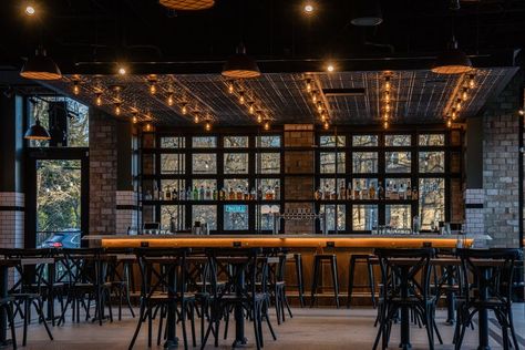 Bar With Windows Behind, Warehouse Windows, Restaurant Design Inspiration, Window Bars, Bourbon Bar, Wide Windows, Bar Service, Bar Interior, Goodfellas