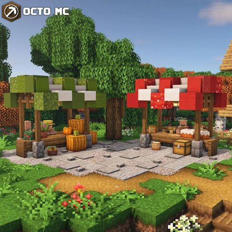 Shop Stand Minecraft, Food Stall Minecraft, Minecraft Outdoor Storage, Minecraft Building Ideas Outdoor, Minecraft Mini Market, Mushroom Village Minecraft Ideas, Minecraft Flea Market, Village Market Minecraft, Minecraft Farmers Delight