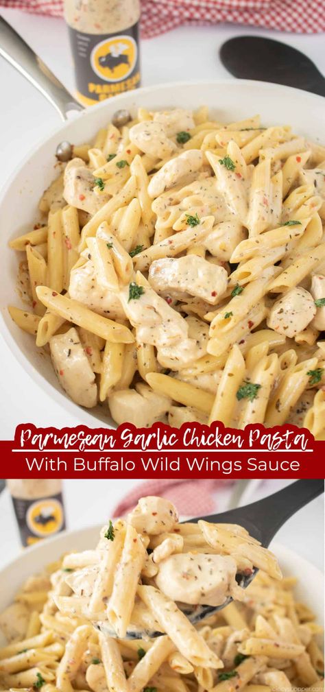 Parmesan Garlic Chicken Pasta is such a rich, creamy, and filling recipe! Make it with Buffalo Wild Wings sauce for an easy chicken dinner. It's almost like an easy Chicken Alfredo recipe with just a little extra touch of that B-Dubs heat! Chicken Recipes With Parmesan Garlic Sauce, Parmesan Garlic Wing Sauce Buffalo Wild Wings, B'dubs Parmesan Chicken, Chicken Pasta With Buffalo Wild Wings Sauce, Parmesan Chicken Pasta Bake, Garlic Parmesan Chicken Pasta Buffalo Wild Wings, Chicken Alfredo With Buffalo Wild Wings Sauce, New Garlic Parm Chicken Pasta, Buffalo Wild Wing Parmesan Garlic Chicken Pasta Crock Pot