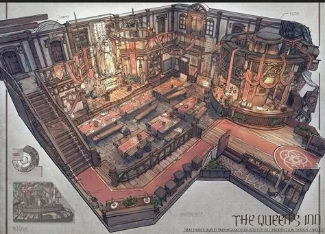 Guild Hall Fantasy Concept Art, Fantasy Tavern, Feng Zhu Design, Dnd Places, Interior Concept Art, Fantasy Buildings, Fantasy Locations, Fantasy Rooms, Fantasy Architecture