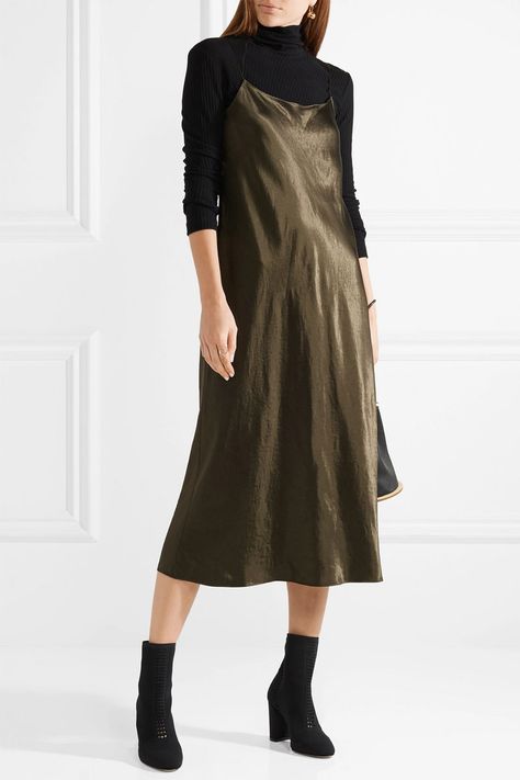 slip dress with turtleneck and boots Dress Over Turtleneck, Slip Dress Outfit Ideas, Slip Dress Outfit Winter, Satin Slip Dress Outfit, Pencil Skirt Outfits Casual, Satin Dress Outfit, Layered Slip Dress, Maxi Dress Outfit Fall, Fall Wedding Outfits