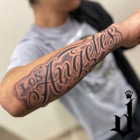 Los Angeles Tattoo Lettering, Los Angeles Tattoo, Lettering Tattoo, Arm Tattoos, Tattoo Work, Tattoo Lettering, Arm Tattoo, Lettering Alphabet, Sleeve Tattoos