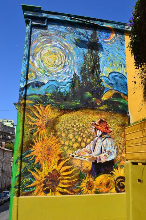 Street Art Banksy, Sidewalk Art, Arte Van Gogh, Amazing Street Art, 3d Street Art, Murals Street Art, Building Art, Santiago Chile, Wow Art