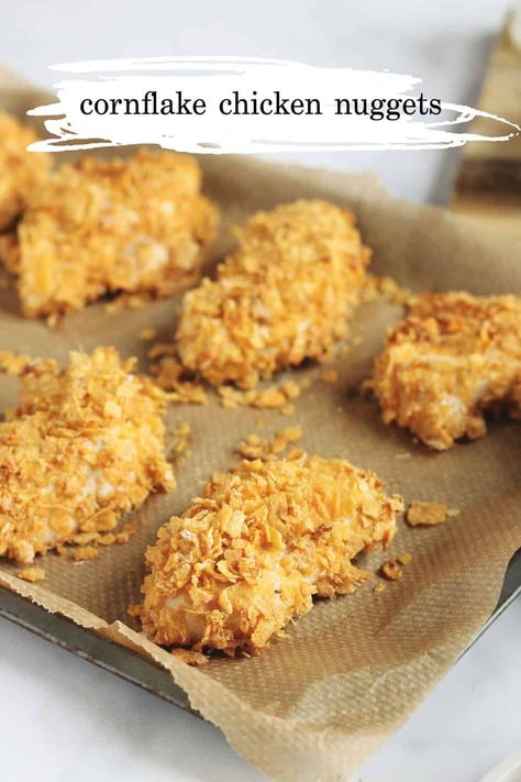 Baked Cornflake Chicken, Busy Family Meals, Batch Cooking Recipes, Cornflake Chicken, Kid Friendly Meals Dinner, Quick Baking, Homemade Chicken Nuggets, Chicken Burgers Recipe, Freezable Meals