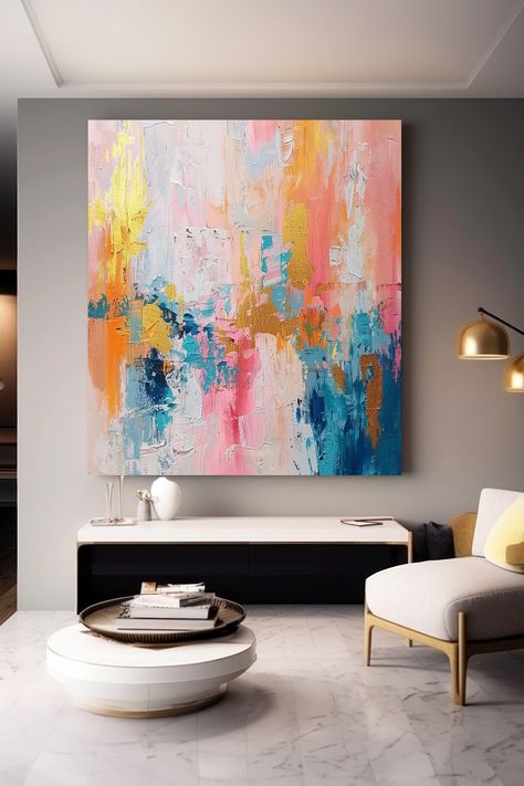 Vibrant abstract acrylic painting with textured brushstrokes in pink, yellow, blue, and orange on canvas, original handmade artwork Textured Canvas, Textured Canvas Art, Abstract Acrylic Painting, Handmade Artwork, Colorful Wall Art, Blue And Orange, Abstract Painting Acrylic, Canvas Texture, Abstract Acrylic