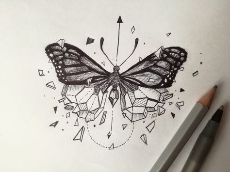 Butterfly#geometrical🖊 Butterfly And Crystal Tattoo, Negative Space Butterfly Tattoo, Crystal Butterfly Drawing, Diamond Butterfly Tattoo, Spooky Butterfly Tattoo, Space Butterfly Tattoo, Crystal Butterfly Tattoo, Geometric Butterfly Tattoo, Trans Tattoo