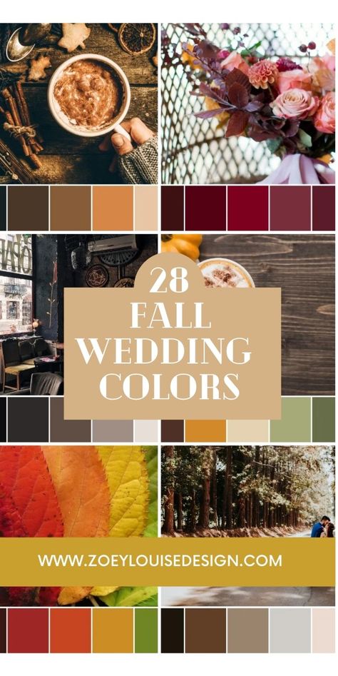 Fall Wedding Color Ideas for a Moody Autumnal Aesthetic. Fall wedding color schemes, fall color ideas. moody, cozy, jewel tone and more. Autumn Sunset Wedding Colors, Fall Tones Colour Palettes, Dark Green Fall Wedding Theme, Wedding Color Schemes For September, Fall Classy Wedding, Fall Wedding Palate, Sept Wedding Colors, Fall Sunset Wedding Colors, October Wedding Colors Schemes Fall