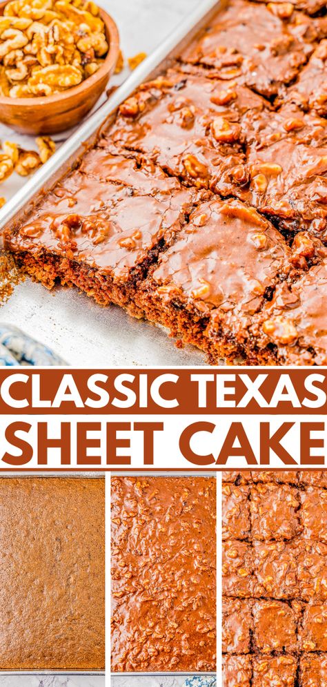 Texas Sheet Cake –  An EASY no-mixer recipe for classic Texas sheet cake that's so rich in chocolate flavor thanks to the moist chocolate cake itself and to the chocolate frosting with walnuts for a bit of crunch in every bite! Ready in less than 1 hour, and it feeds a crowd, making this a perfect party or celebration cake any time of year!