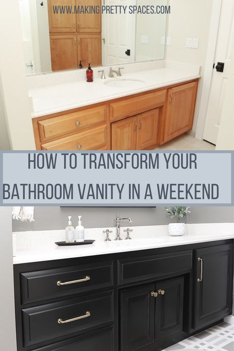 Painted Vanity Bathroom, Bathroom Cabinets Diy, Painting Bathroom Cabinets, Diy Bathroom Makeover, Rustic Mantel, Black Vanity Bathroom, Bathroom Vanity Makeover, Small Bathroom Ideas On A Budget, Diy Bathroom Remodel