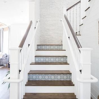 Shiplap Staircase Wall with Blue Staircase Risers - Transitional - Entrance/foyer Shiplap Staircase, Blue Staircase, Stained Staircase, Cottage Entrance, Farmhouse Staircase, Farmhouse Stairs, Tiled Staircase, Staircase Styles, Spanish Interior