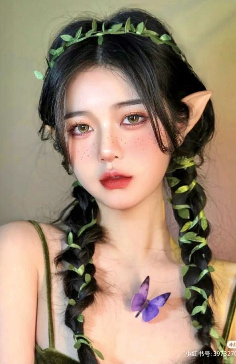 Elf Inspired Makeup, Elf Cosplay Makeup, Forest Elf Makeup, Elf Fairy Costume, Forest Elf Cosplay, Forest Fairy Makeup, Elf Hairstyles, Forest Fae, Elf Hair