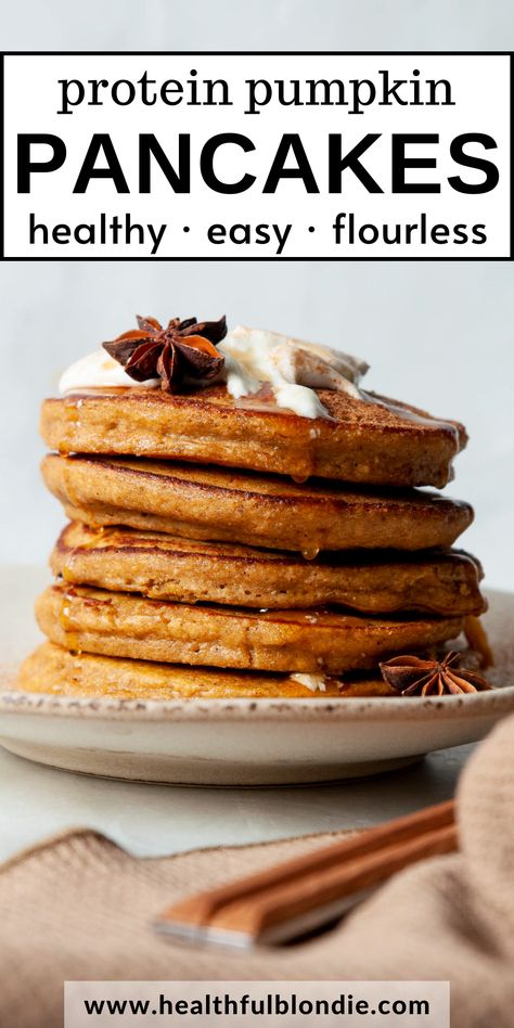 These ultra-fluffy oatmeal pumpkin protein pancakes are perfect for Fall and have over 12 grams of protein per serving. They’re made in a blender with healthy ingredients like pumpkin puree, oats, eggs, and Greek yogurt. An easy gluten-free breakfast! Pumpkin Yogurt Pancakes, Pumpkin And Egg Pancakes, Pumpkin Protein Pancakes Healthy, Grain Free Pumpkin Pancakes, Pumpkin Egg Pancakes, Greek Yogurt Pumpkin Pancakes, Healthy Pancakes Protein, Pumpkin Pancakes Protein, Egg Free Pumpkin Pancakes