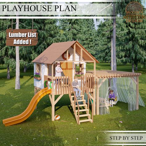 Wooden Garden House, Wooden Playhouse With Slide, Kids Playhouse Plans, Playhouse Plan, House For Kids, Playhouse With Slide, Play Area Backyard, Playhouse Plans, Slide Deck