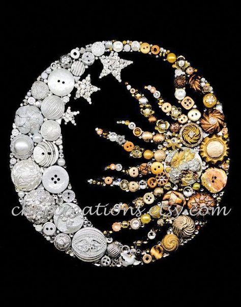 Button Art Projects, Old Jewelry Crafts, Button Creations, Costume Jewelry Crafts, Cross Crafts, Vintage Jewelry Crafts, Vintage Jewelry Art, Moon Wall, Moon Sun