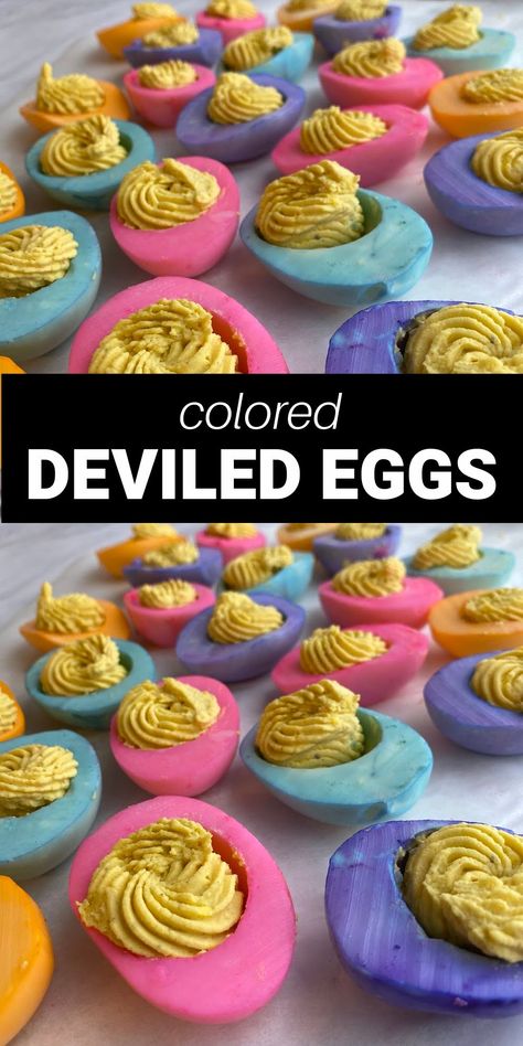 Colored Eggs With Food Coloring, Gender Reveal Deviled Eggs Recipe, Due Eggs With Food Coloring, What To Eat With Deviled Eggs, Deviled Easter Eggs Colored, Colored Deviled Eggs For Easter, Dyed Easter Eggs Food Coloring, Stuffed Eggs For Easter, Food Coloring Eggs Hard Boiled