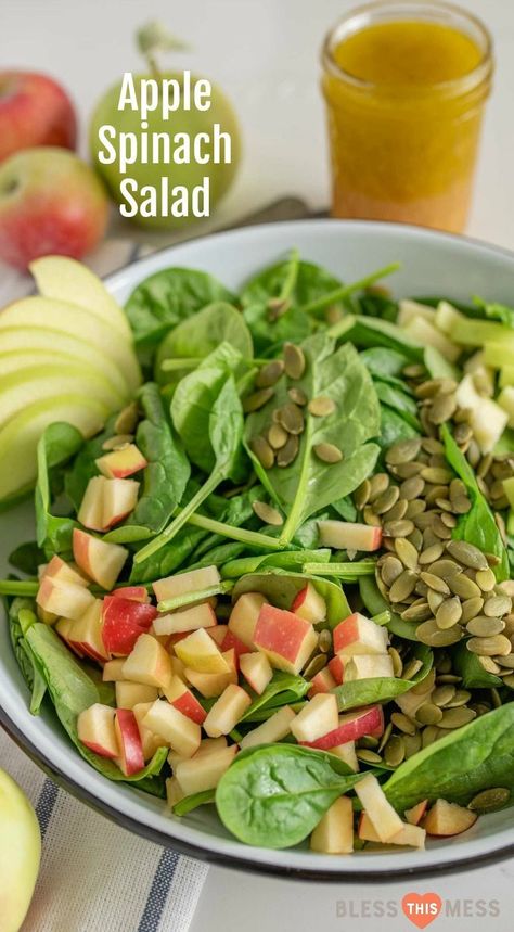 Quick and easy Apple Spinach Salad recipe with apples, pumpkin seeds, and a simple flavor-filled apple vinaigrette dressing to go with it. #spinachsalad #healthy #apple #raw #vegan #blessthismessplease Apple Vinaigrette Dressing, Apple Spinach Salad, Spinach Apple Salad, Apple Vinaigrette, Recipe With Apple, Recipe With Apples, Apple Salad Recipes, Salad Recipes Healthy Easy, Spinach Salad Recipes