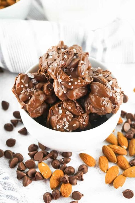 CHOCOLATE ALMOND CLUSTERS RECIPE Chocolate Covered Almonds Recipe, Chocolate Almond Clusters, Crockpot Candy Recipes, Chocolate Nuts Clusters, Clusters Recipe, Almond Clusters, Nut Clusters, Chocolate Clusters, Sea Salt Chocolate