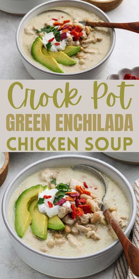 Simple Crock Pot Green Enchilada Chicken Soup is so creamy and the green enchilada sauce really makes this broth so flavorful. The blends of cheese in this soup create a rich and creamy soup that will satisfy any craving for comfort food! #eatingonadime #crockpotrecipes #chickensoup Crock Pot Green Enchilada Chicken Soup, Green Enchilada Soup, Green Enchilada Chicken Soup, Enchilada Chicken Soup, Hearty Chicken, Green Enchilada Sauce, Creamy Soup, Enchilada Sauce, Chicken Enchiladas