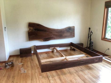 Custom Black Walnut Floating Bedframe With a Live Edge Headboard and Floating Nightstands - Etsy Floating Bedframe, Build Bed Frame, Log Bedroom Furniture, Live Edge Headboard, Bathroom Inspo Interior Design, Live Edge Bed, Headboard Inspiration, Floating Nightstands, Custom Order Form