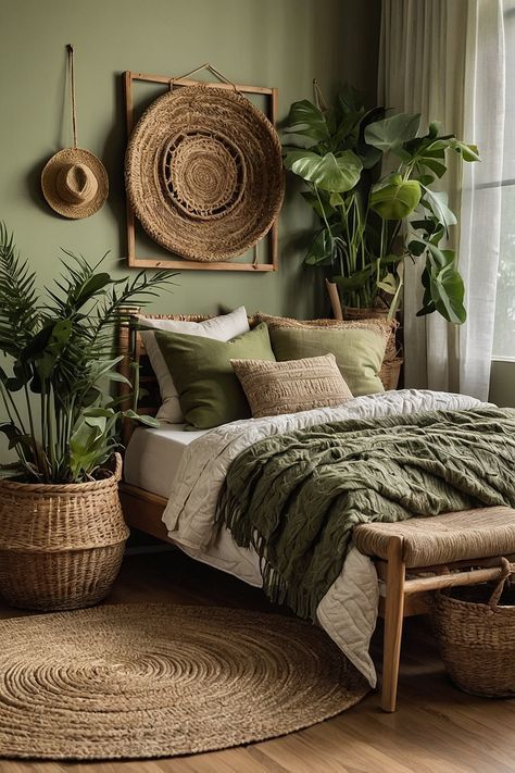 Green And Earthy Bedroom, Earthy Green Interior Design, Room Inspiration Aesthetic Green, Sage Brown Bedroom, Sage Green Earthy Bedroom, Light Color Decor, Nature Bedroom Aesthetic Cozy, Earthy Bedroom Green Walls, Sage Green Black And White Bedroom