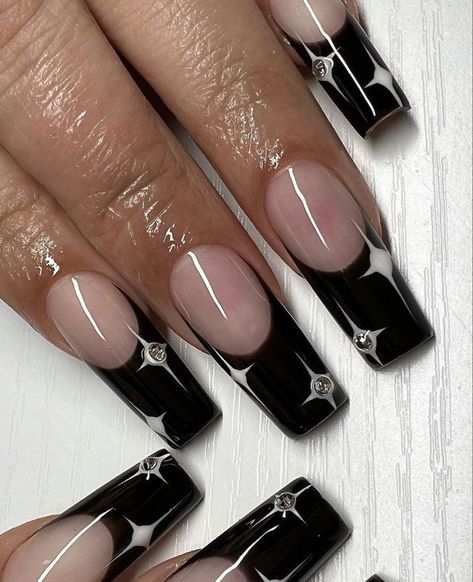 Black French Tip Nails With Star, Y2k Black French Tip Nails, Black French With Stars, Black Squoval Acrylic Nails, Black French Tip Nails With Stars, One Hand White One Hand Black Nails, Nails 2024 Black, Black French Tip With Stars, Black Nails Stars