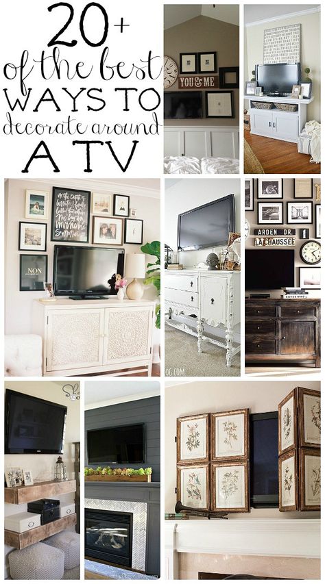 See 20 ways to decorate around those big black rectangles! A must pin for every home that has a TV!! Wall Mounted Tv Wall Decor, Decorating Ideas For Tv Wall, Decorating Around Flat Screen Tv, Pictures Over Tv, Tv Room Decorating Ideas, Pictures Around Tv On Wall, Tv Walls Living Room, Off Center Tv Wall, Decorate Around Tv On Wall