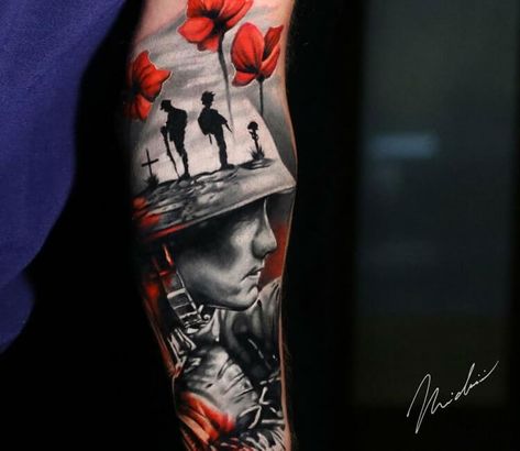 Tattoo photo - Army piece, tattoo by Michael Cloutier Remembrance Day Tattoos, Veteran Memorial Tattoo, British Army Tattoo, Poppy Tattoo Men, Anzac Tattoo, Soldier Tattoo Design, Lest We Forget Tattoo, Rememberance Tattoo, Fallen Soldier Tattoo