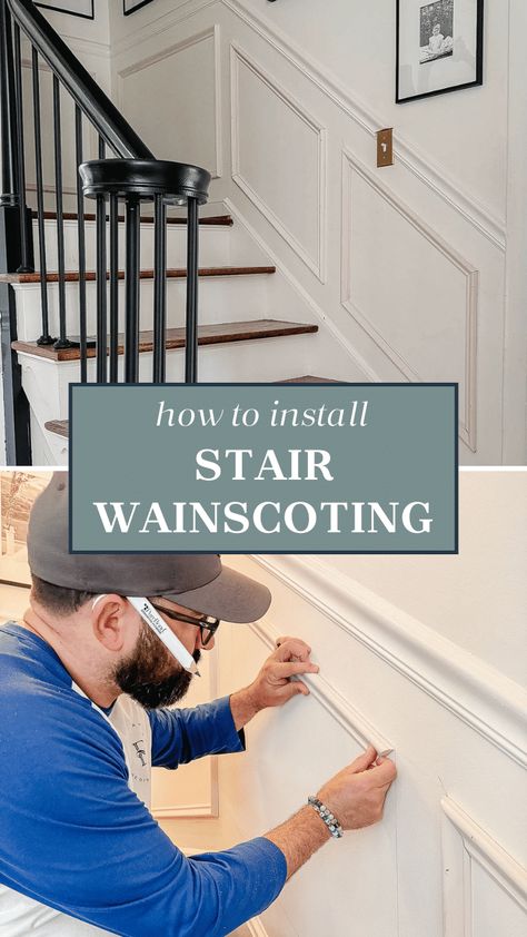 A step-by-step tutorial to explain how to add wainscoting to your stairs using picture frame molding; it's not as hard as you might think. Stair Wainscoting Stairways, Molding On Stairs Wall, Wainscoting Basement Staircase, Wainscot Stairwell, Wall Going Downstairs, Molding Up Staircase, Diy Wainscoting Stairs, How To Measure Wainscoting, Picture Frame Molding On Stairs