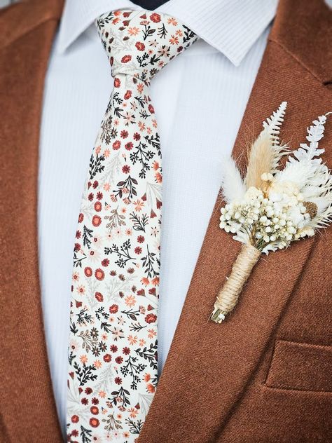 Terracotta Floral Tie, Orange And Cream Wedding, Groom And Groomsmen Suits, Burnt Orange Weddings, Groom Wedding Attire, Fall Wedding Guest, Wedding Tie, Wedding Themes Fall, Fall Wedding Guest Dress