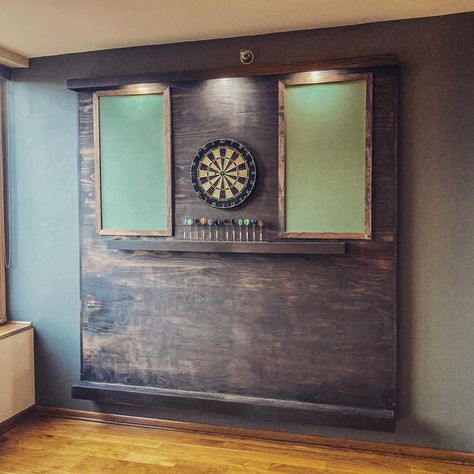 Dart Board Signs, Games Room Lighting Ideas, Indoor Dart Board Ideas, Bar Dart Board, Dart Board Set Up Ideas, Dartboard Wall Ideas, Dart Board Lighting Ideas, Indoor Dart Board Wall, Shiplap Dartboard Wall