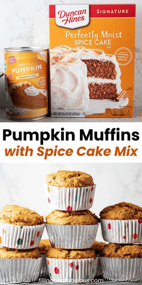 These 2-ingredient pumpkin muffins are the ultimate fall treat! Made with a simple cake mix and pumpkin puree, they're one of the easiest pumpkin and spice cake mix recipes out there. Enjoy these easy pumpkin spice muffins for a quick, delicious snack or breakfast! Pumpkin And Spice Cake, Pumpkin Muffins With Spice Cake, Spice Cake Pumpkin Muffins, Cake Mix And Pumpkin Puree, Pumpkin Cake Mix Muffins, Spice Cake Mix Recipes, Easy Pumpkin Spice Muffins, 2 Ingredient Pumpkin Muffins, Easy Muffin Recipe