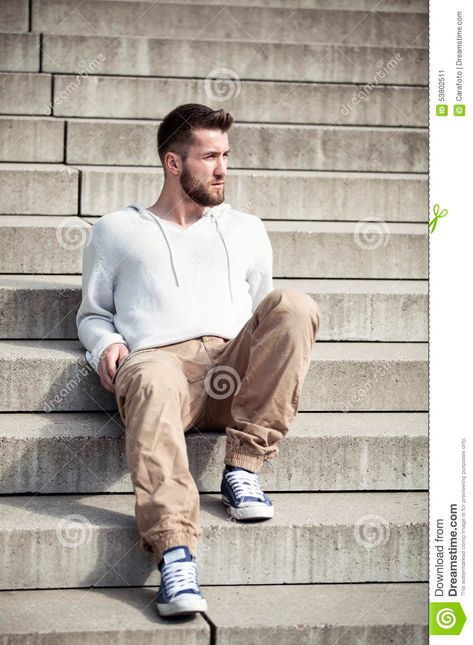 Attractive Man Sitting on Stairs Stock Image - Image of stairs, clothing: 53802511 Sitting On Stairs Poses Men, Stair Poses Men, Sitting On Stairs Reference, Person Sitting On Stairs, People Sitting On Stairs, Artblock Help, Man Sitting On Stairs, Stairs Photography, Sitting On Stairs