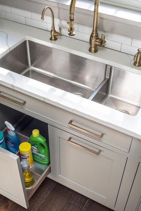 Under Sink Pull Out Tray - Transitional - Kitchen Kitchen New York, Award Winning Kitchen, Kitchen Sink Design, Stainless Sink, Kitchen Drawer Pulls, Steel Kitchen Sink, White Quartz Countertop, Cupboard Handles, Custom Kitchens