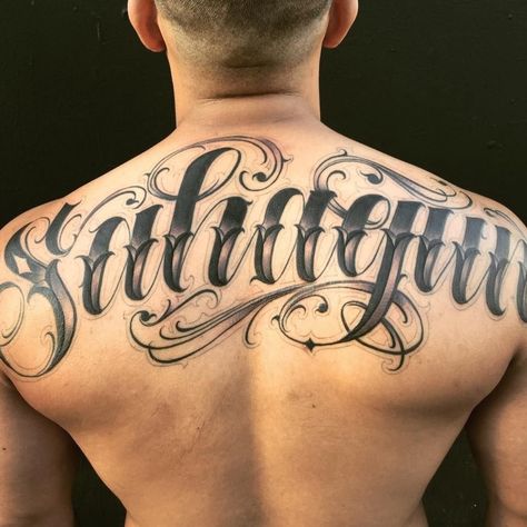 Last Name Old English Back Tattoos For Men - 4 betting tips #backtattoo #tattoosformen Shoulder Name Tattoo, Name Tattoos On Back, Last Name Tattoos, Tattoo Calligraphy, Font Tato, Lettering Tattoos, Chicanas Tattoo, Cool Back Tattoos, Chicano Lettering