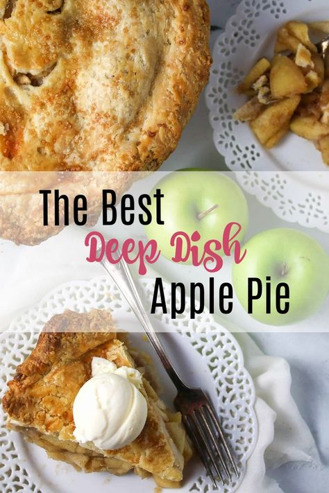 Two green apples sitting beside a fresh baked apple pie Deep Dish Apple Pie Recipe Easy, Deep Dish Apple Crisp, Deep Dish Apple Pie Recipe, Double Pie Crust Recipe, Deep Dish Apple Pie, Pie Ideas, Cake Apple, Chocolate Peanut Butter Desserts, Homemade Apple Pie