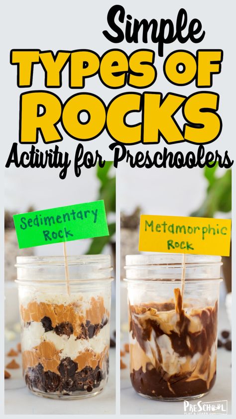 Young kids are naturally fascinated by various shapes, colors, and sizes or rocks they find. Turn that natural curiosity in to a study about types of rocks for kids! This hands-on rock life cycle project will help children learn about what are the 3 types of rock and how they are different. In this rock activities for kids, students will make edible rocks that are Sedimentary rocks, Metamorphic rocks, and Igneous rocks and the rock life cycle in a fun, meaningful way! Use this rock science proje Rock Activities For Kindergarten, Rocks For Kindergarten, Metamorphic Rock Activities For Kids, Edible Rock Cycle, Rock Your School Day Activities, Types Of Rocks Project, Preschool Rock Activities, Geology Activities For Kids, Rock Activities For Preschool