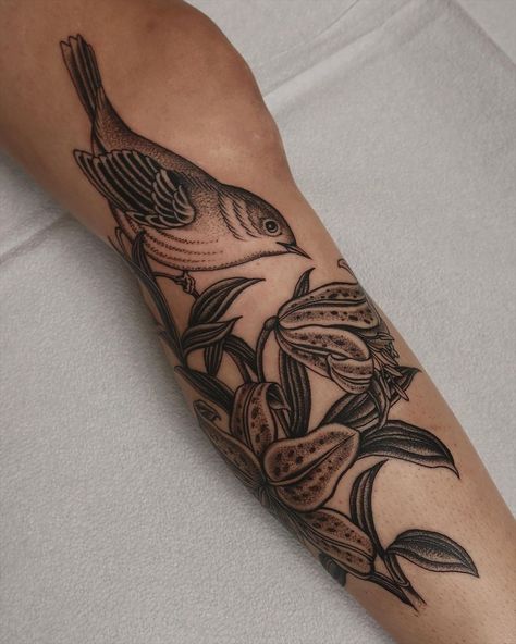 Yellow warbler and stargazer lilies at the knee to kick off Tegan’s bird leg sleeve. Some of my favourite things to tattoo paired with one… | Instagram Things To Tattoo, Poked Tattoo, Pair Tattoos, Yellow Warbler, Tattoo 2023, Fauna And Flora, Bird Tattoos, Hand Poked Tattoo, Stargazer Lily