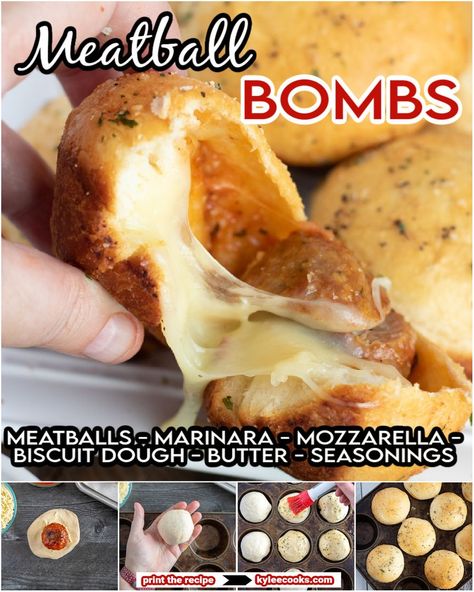 Just a few ingredients and these Meatball Bombs are ALL YOURS. Cooked meatballs are dipped in marinara, then encased (with cheese) in biscuit dough, brushed with flavorful garlic butter, and baked. Easy Meatball Bombers, Meatball Bombers Recipe, Easy Meatball Appetizer Recipes, Meatball Biscuits, Baked Meatball Subs, Meatball Cupcakes, Meatball Appetizers, Garlic Meatballs, Baked Coconut Shrimp