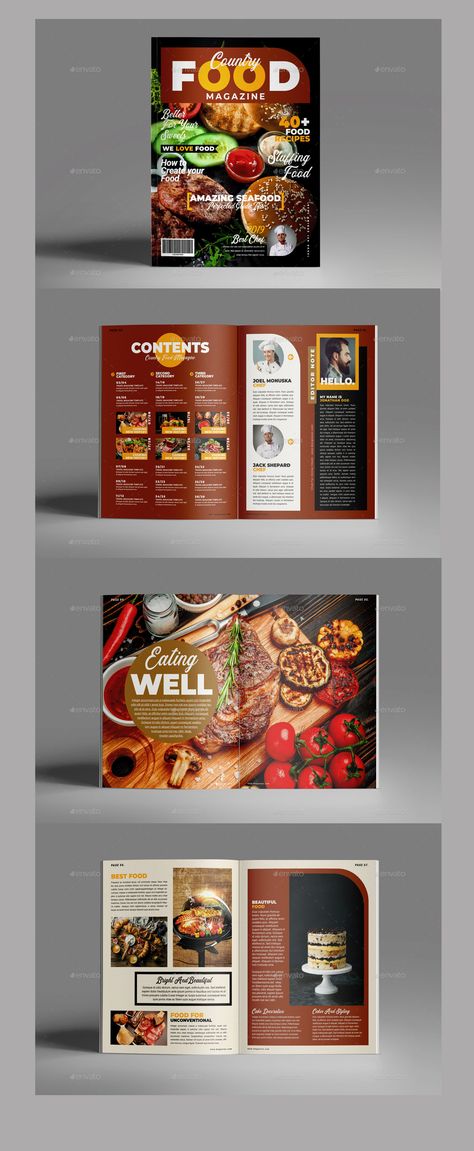 Food Magazine Template Features: 2 sizes: A4 & US letter 40 Custom Pages InDesign Template CMYK Color Mode Compatible With InDesign CS4 and Higher Version File Included InDesign INDD & IDML Help Guide Included Preview images not included. Download free fonts used : Eusthalia Clean Montserrat #Food #Magazine #Template #Design #graphics Food Magazine Design Layouts, Magazine Food Layout, Magazine Food Design, Magazine Layout Design Food, Food Catalog Design Layout, Food Magazine Layout Design Creative, Food Layout Design, Magazine Ideas Design, Food Magazine Layout Design