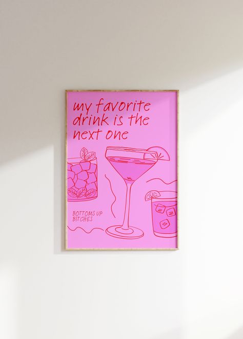 ♡ Introducing the perfect addition to your bar cart - a trendy and cute digital art print featuring alcoholic drinks and funny quote.  ♡ This digital art piece is available in a range of sizes, making it perfect for any space. Hang it above your bar cart or display it on a gallery wall to add a touch of vintage glamour to your decor. You can choose to print it yourself or have it professionally printed on high-quality paper or canvas. ♡ WHAT'S INCLUDED ? -- YOU WILL RECEIVE 5 JPG FILES (5 Differ Vegas Room Decor, Bar Cart Painting, Hot Pink Wall Decor, Vintage Glamour Decor, Pink Bar Cart, Wall Decor Preppy, Girly Bar, Bar Cart Poster, Girls Apartment