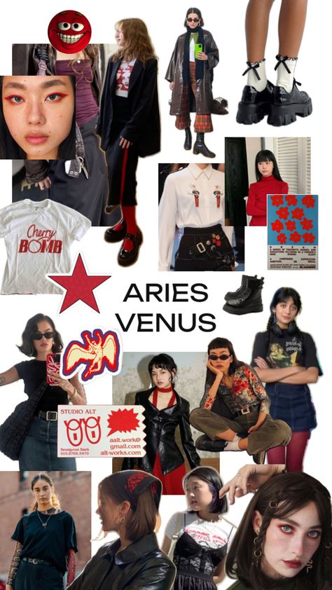 A collage feautiring different women wearing red and black themed clothes and makeup Aries Clothing Style, Leo Fashion Zodiac Style, Aries Venus Aesthetic Style, Pisces Rising Outfit, Aries Rising Outfits, Venus In Aries Fashion, Venus In Aries Aesthetic Outfit, Aries Fashion Aesthetic, Aries Venus Fashion