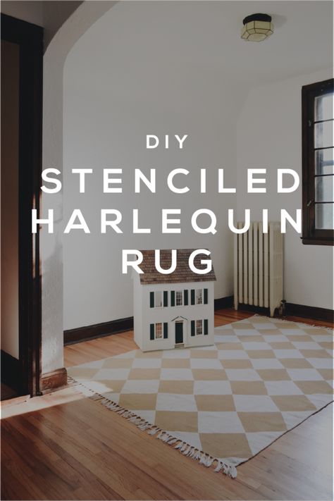 Stenciled Harlequin Rug DIY - Francois et Moi Cheap Large Rugs, Harlequin Rug, Stencil Rug, Family Room Playroom, Modern Eclectic Home, Simple Diys, Rug Diy, Ikea Rug, Stairs Makeover