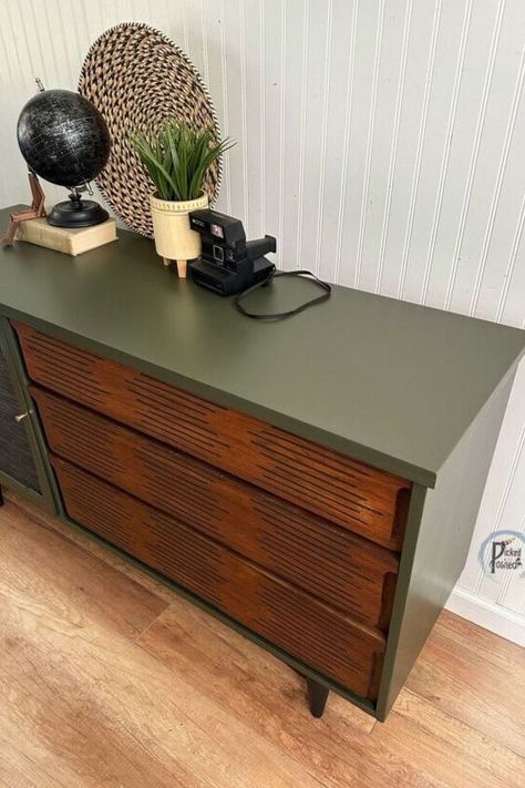 Unique Dresser Makeover, Refinished Mid Century Dresser, Refurbished Dresser Before And After, Mahogany Dresser Makeover, Modern Dresser Flip, Retro Dresser Makeover, Mcm Dresser Makeover Paint, 80s Dresser Makeover, Green Dresser Diy