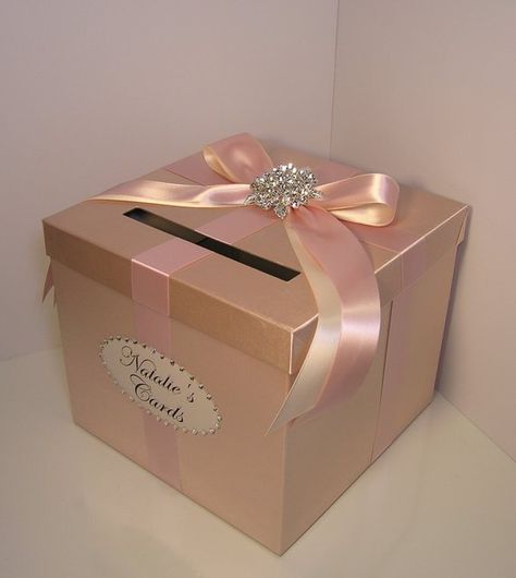 Wedding Card Box Rose Gold and Blush Pink/Nude Gift Card Box | Etsy Pink Gift Card, Sweet 15 Party Ideas Quinceanera, Sweet 15 Party Ideas, Money Box Wedding, Quince Decorations, Quinceanera Decorations, Wedding Card Box, Wedding Gift Diy, Gift Card Boxes