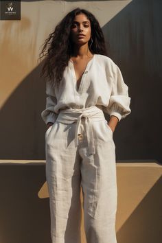 Linen Summer Outfits Women, White Co Ord Set, Mystic Aesthetic, Outfit Minimalista, Closet Transformation, Look Boho Chic, Womens Pajama, Loose Clothing, Bohemian Mode