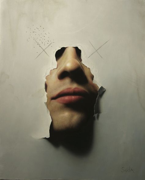 Artist: Josh Suda Title: Mask Medium Oil on panel , 10"x13" Joshua Suda, Hyperrealistic Drawings, Layers Photography, Altered Faces, Faceless Photography, Frans Hals, Interiors Photography, Gcse Art Sketchbook, Holiday Photography