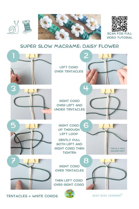 Macrame tutorial pdf with super slow - no time-lapsing video tutorial to accompany. Free pattern Daisy flower pattern Daisy Macrame Tutorial, Daisy Flower Tutorial, Macrame Daisy, Daisy Tutorial, Daisy Flower Pattern, Daisy Art, Flower Daisy, Macrame Knot, Macrame Tutorial