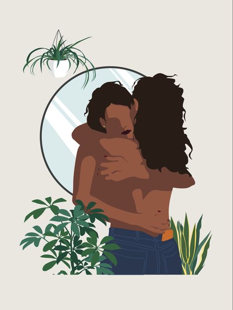 Black woman hugging herself with a mirror and house plants. Self Love Mirror Illustration, Black Woman In Mirror, Black Women Apartment Aesthetic, Black Woman Self Care Illustration, Love Myself Illustrations, Self Love Illustration Art Aesthetic, Self Love Black Aesthetic, Self Hug Illustration, Minimal Girl Art